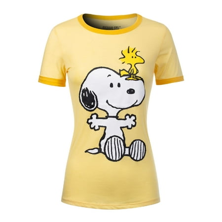Made by Olivia Women's Peanuts Snoopy & Woodstock Short Sleeve Crew neck Top PS57 Yellow L