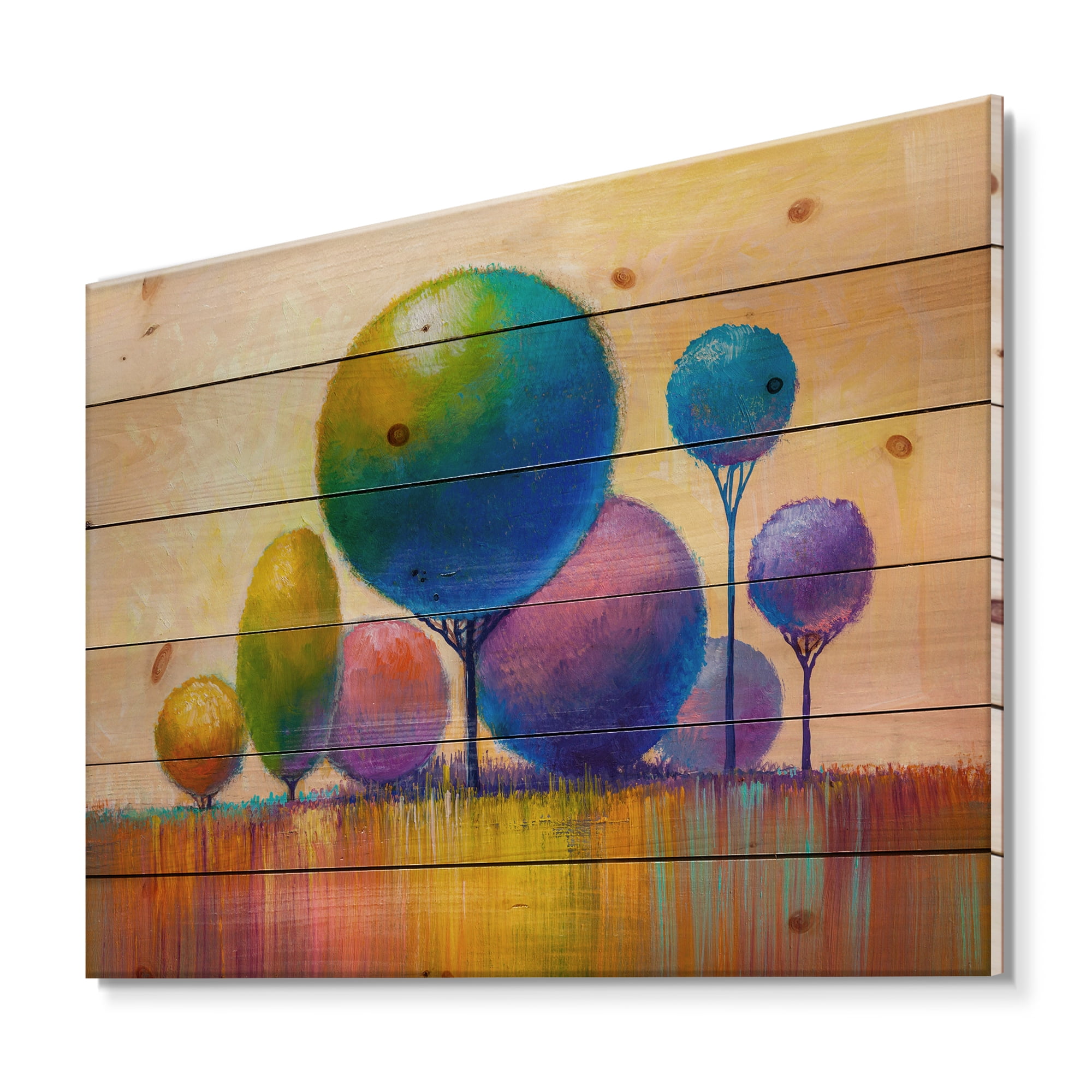 Designart 'Ornamental Colourful Trees VIII' Modern Print on Natural Pine Wood