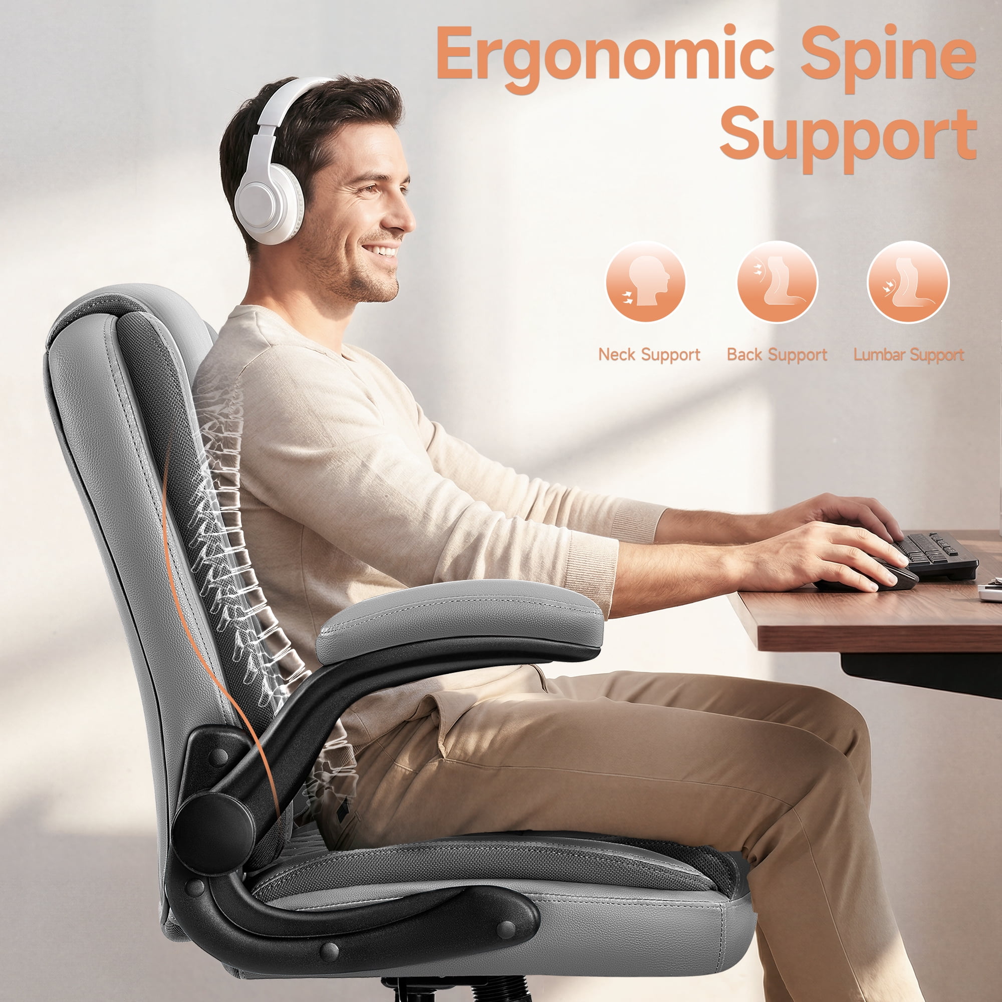 COOLHUT Office Executive Chair High Back Adjustable Managerial Home Desk Chair, Office Computer Chair with Lumber Support, Swivel PU Leather Chair for Home Office, Gray