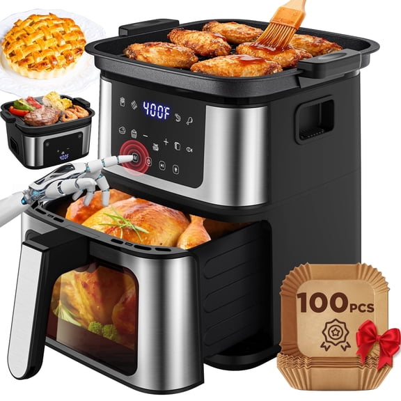 7.5QT XL 2-in-1 Air Fryer with Flip-Over Grill Plate, Viewing Window, 8 Cooking Presets, 95% Less Oil, Dishwasher Safe Basket & 100 Liners – Black