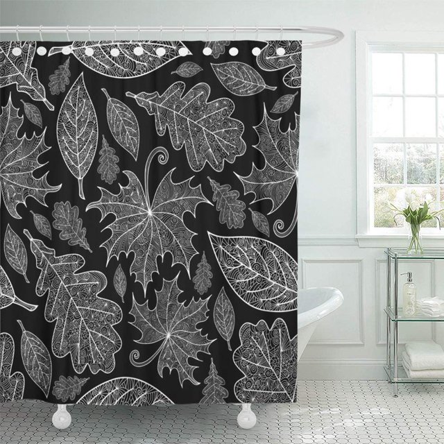 ABPHQTO Roble Varias hojas de Doodle Resumen Negro Botánico Contorno Curva Curva Olmo Impermeable Baño Cortinas de ducha Set 165x180 cm