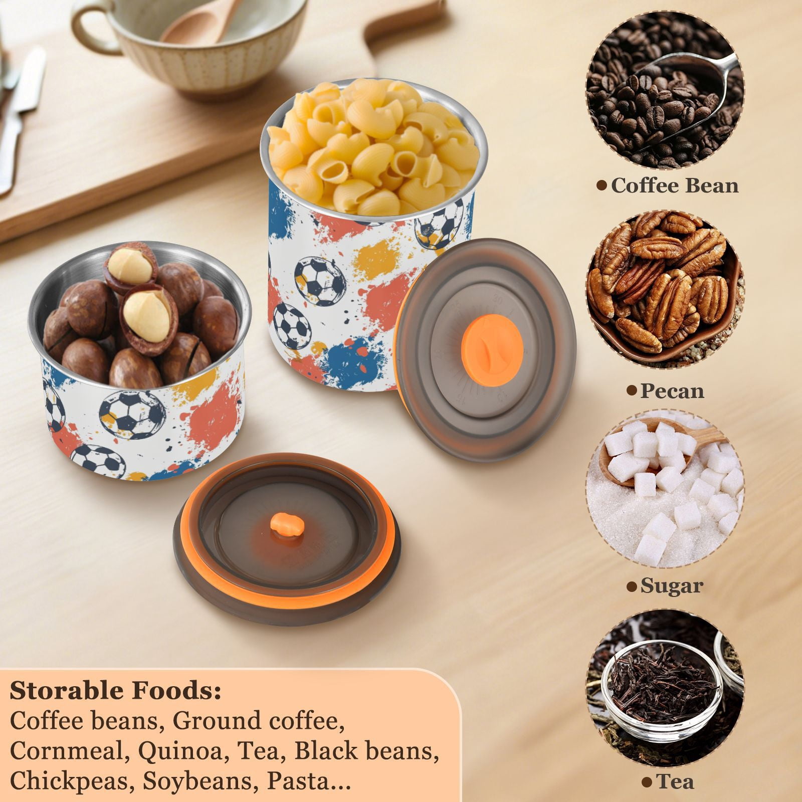 Soccer Printing Airtight Coffee Bean Canister 30oz Food Storage Containers with Lids For Gournd, Tea, Sugar, Flour, Rice, Cereal, Candy Cookie Jar