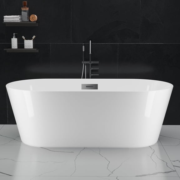 Soonbuy 59/67 Inch Freestanding Soaking Bathtub, Stand Alone Tub, Modern Design, Chrome Drain and Overflow, Premium Cast Acrylic,Soaking Bathtub for Bathroom