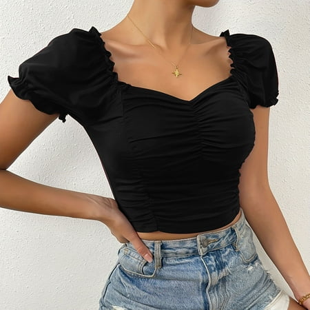 YHAJDS Women s Slim Tops V Neck Short Sleeve Ruffle Hem Cropped Tee Solid Color Blouse