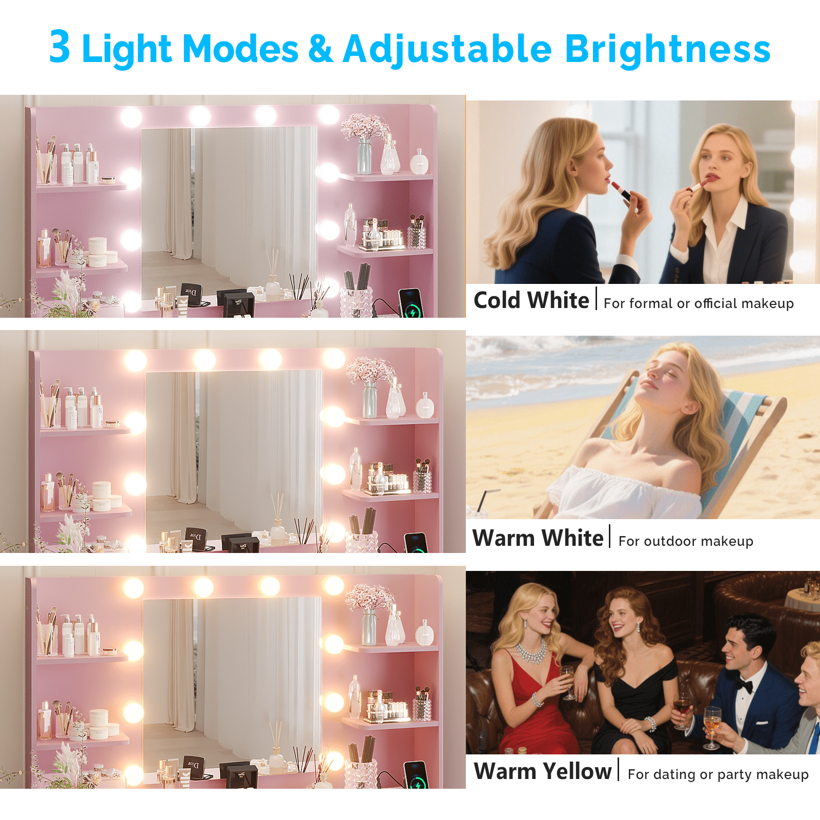 Zimtown Lighted Makeup Vanity Desk with Mirror and Charging Station, Vanity Table with 7 Drawers & 4 Storage Shelves for Dressing Room Bedroom, Pink