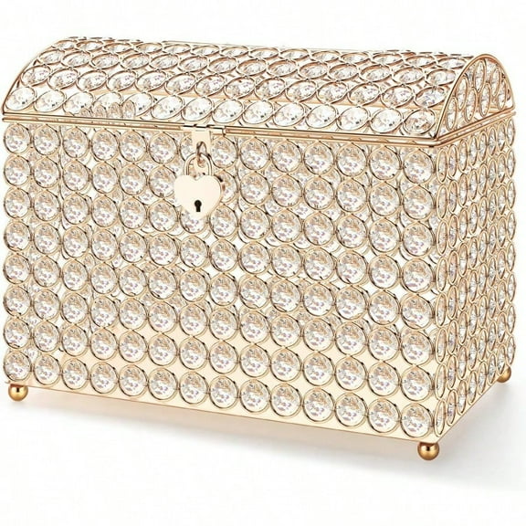 Nitial Crystal Wedding Card Box with Heart Lock 11in Wedding Money Box Treasure Chest Gold Bead Card Receiving Memory Storage for Reception Brithday Graduation  Shower Party Elegant Style