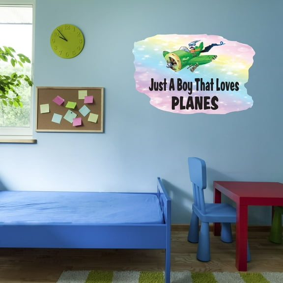 Watercolor Decal Just A Boy That Loves Planes Bedroom Wall Decal for Children Multicolored Animal Pilot Cartoon Design Cute Themed Room Decal - Size: 10 In x 7 In