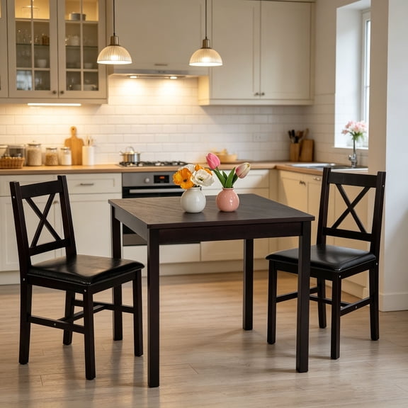 NiamVelo 3-Piece Dining Table Set for 2, Wooden Kitchen Table Set with 2 Chairs Small Space Saving Table for Dinning Room, Apartment, Kitchen ( Dark Brown )