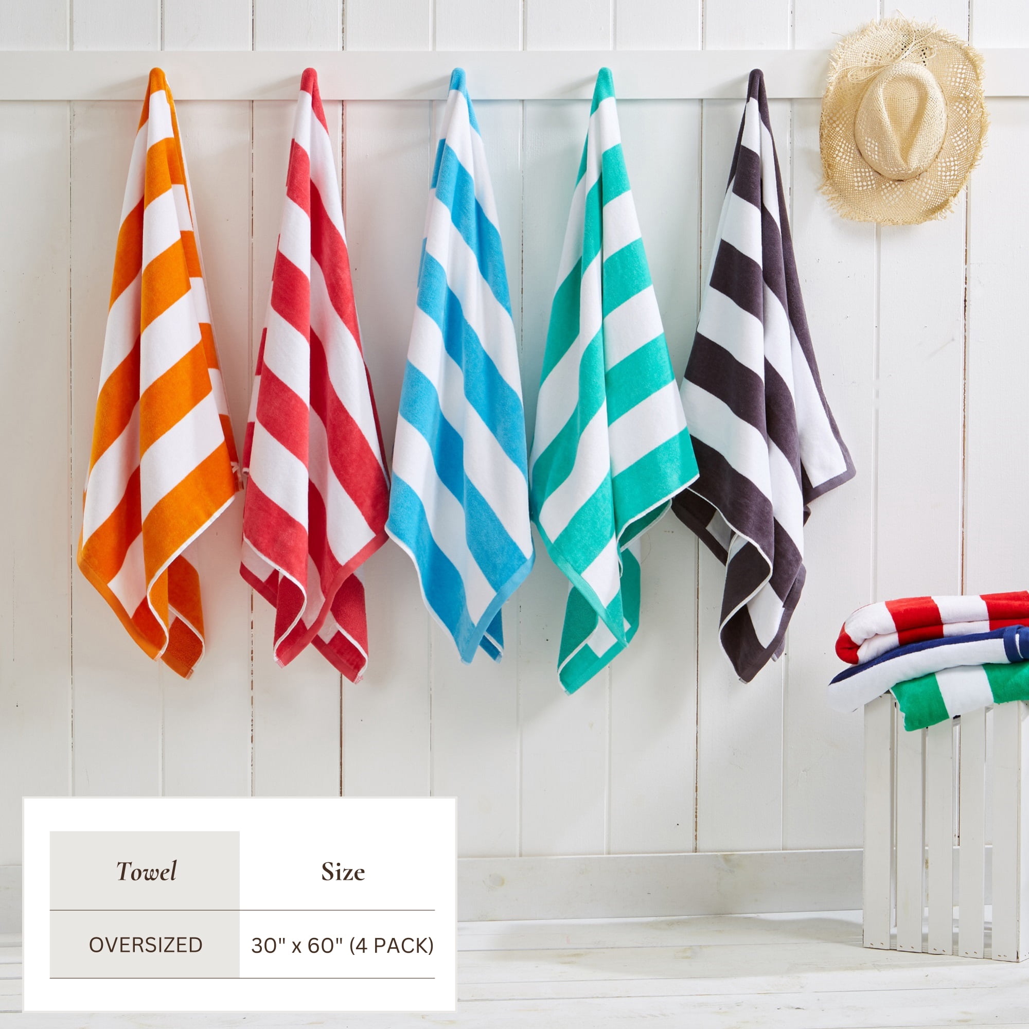100% Cotton Cabana Striped Beach & Pool Towels (4 Pack - 30" x 60", Charcoal Grey)