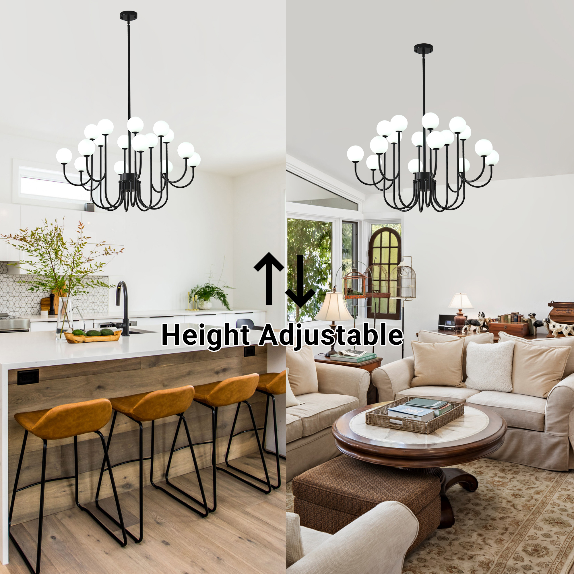 Black Sputnik Chandelier, 16 Lights Modern Chandelier for Dining Room Mid Century Chandelier Large 36” Ceiling Pendant Light Fixtures with Milk Glass Globe Shades for Foyer Living Room Kitchen Island