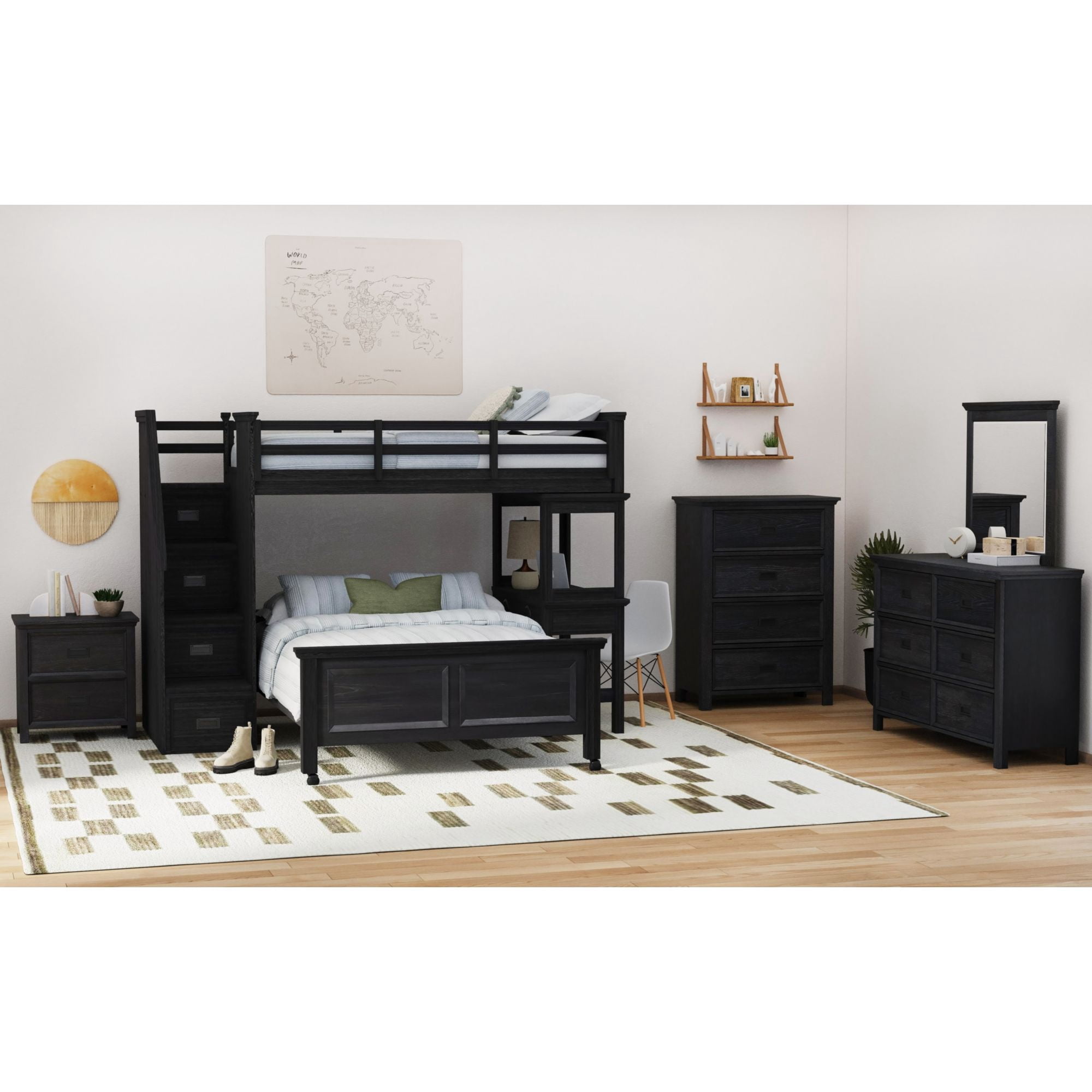 Brooklyn Kids Twin Over Full Loft with Staircase & Desk with Speaker in Charcoal