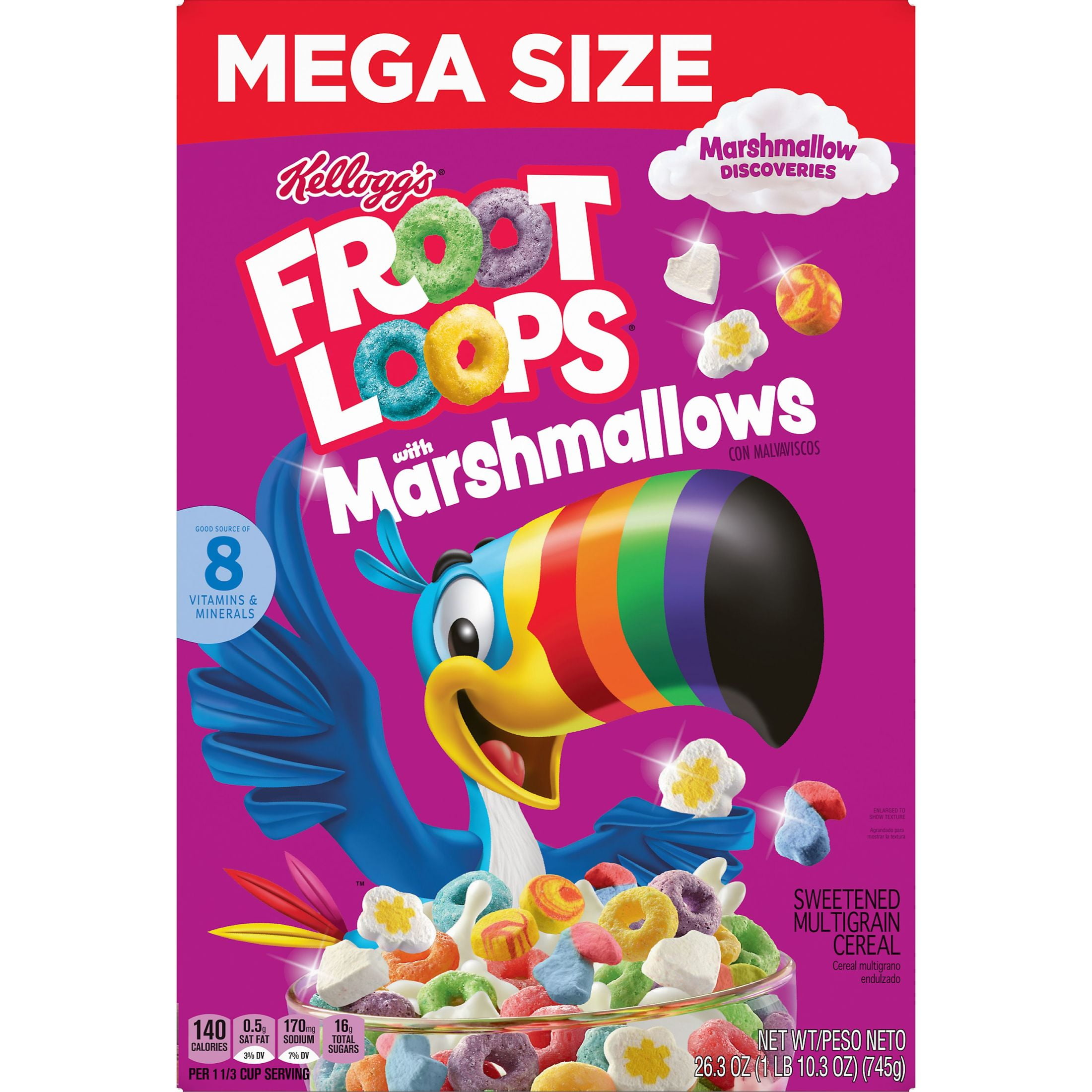 Kellogg's Froot Loops, Breakfast Cereal, Original With Marshmallows, Low Fat Food, Mega Size, 26.3oz Box