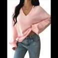 thumbnail image 2 of Suéter Informal Cómodo de Color Liso con Cuello en V, Larga y Punto Acanalado Suave para Mujer. Rosa M, 2 of 7