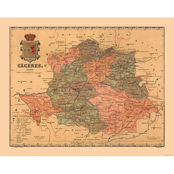 Historic Map - Caceres Spain - Martine 1904 - 28.80 x 23 - Vintage Wall Art