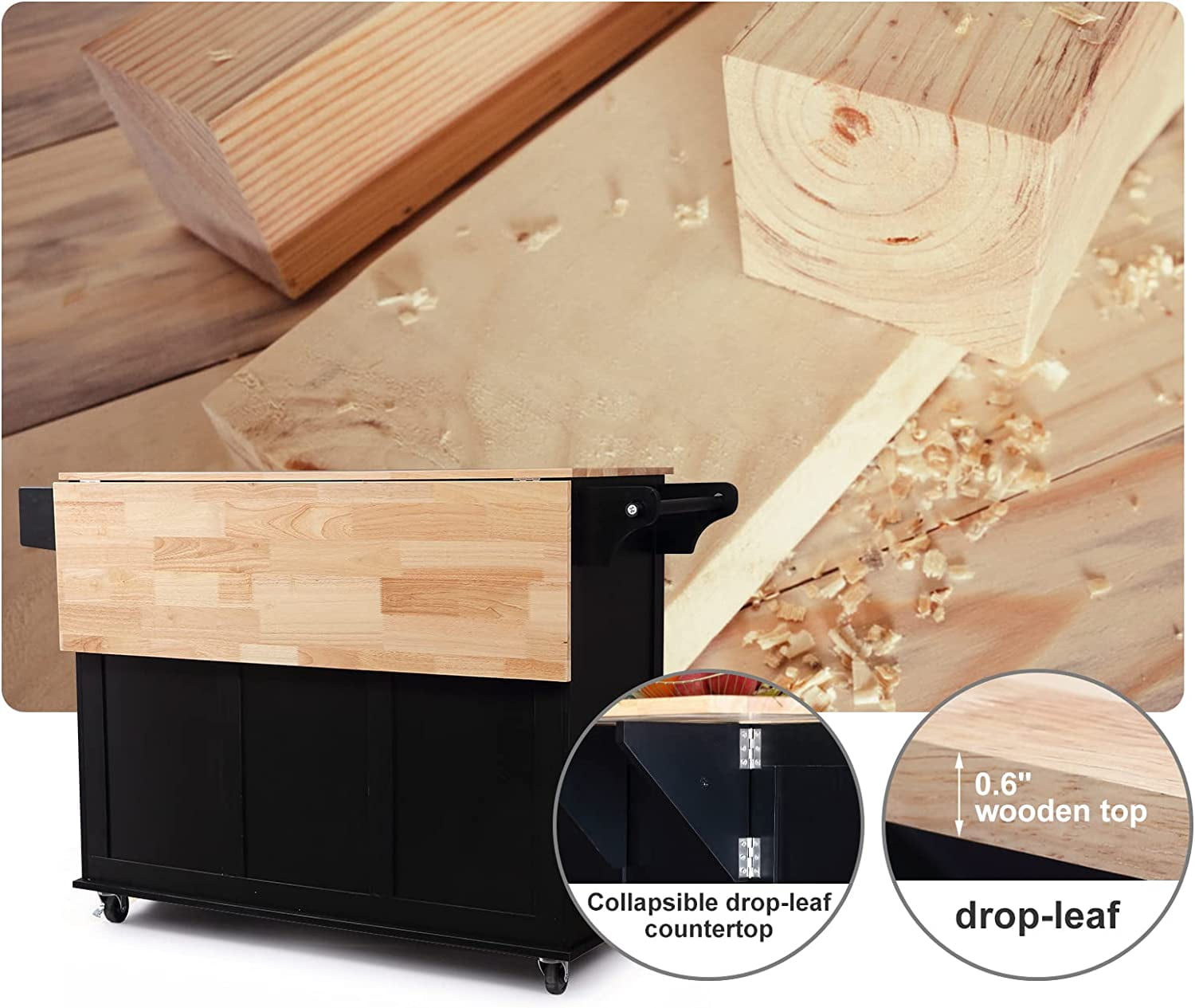 Homrest Kitchen Cart Rolling Mobile Island with Wooden Countertop, Adjustable Shelves and Drawers, Black