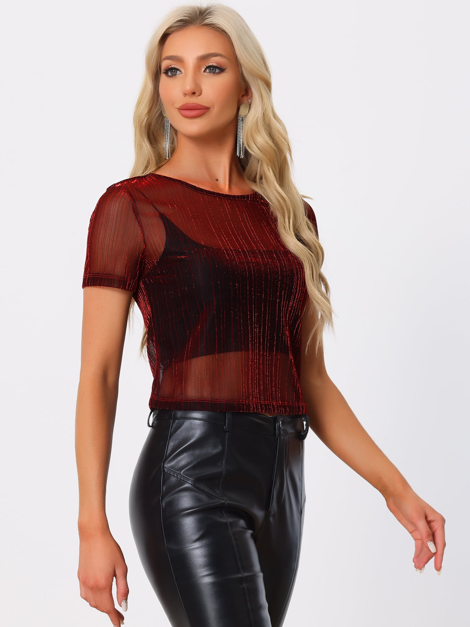 DARING DIVA Shirt Short Sleeve Mesh Metallic Shiny Top S Red