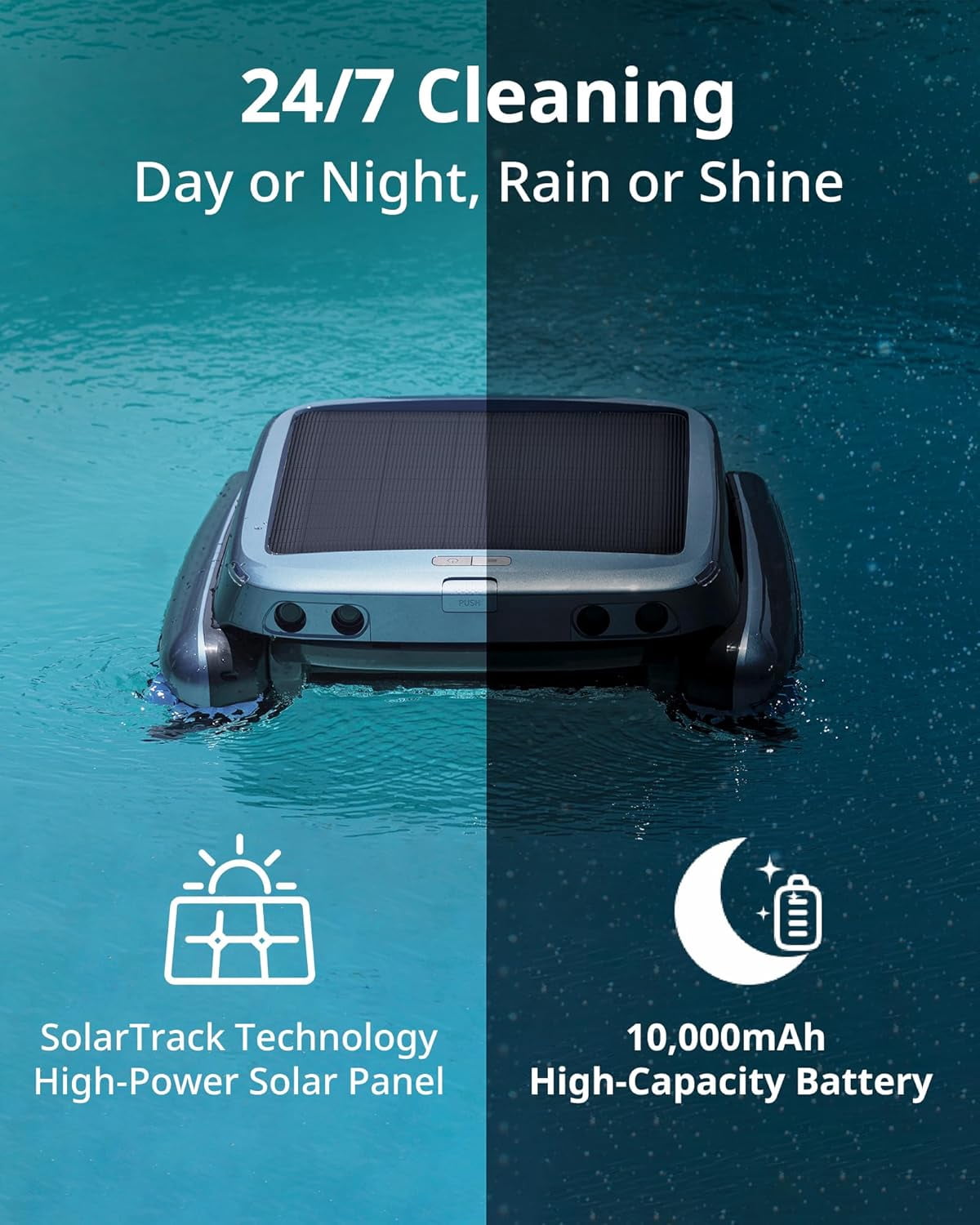 iSkim Ultra Solar Powered Robotic Pool Skimmer - 24/7 Cleaning, Solar & Magnetic Wireless Charging, Water Clarification, Edge & Corner Cleaning, S-Path Optimization, App Control, Ice Blue