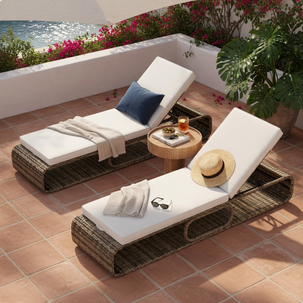 Hommoo 7-Position Adjustable PE Rattan Outdoor Chaise Lounge Chair with Removable Cushion, for Patio, Poolside & Backyard, White