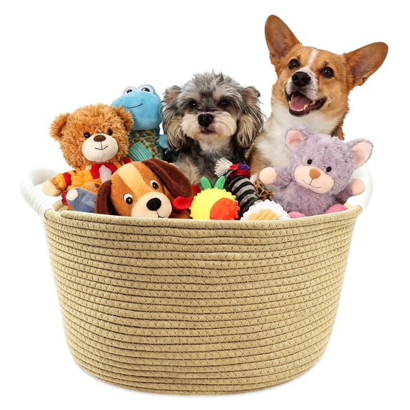 Beige Cotton Rope Pet Toy Storage Basket Bin with Handles, 16-inch