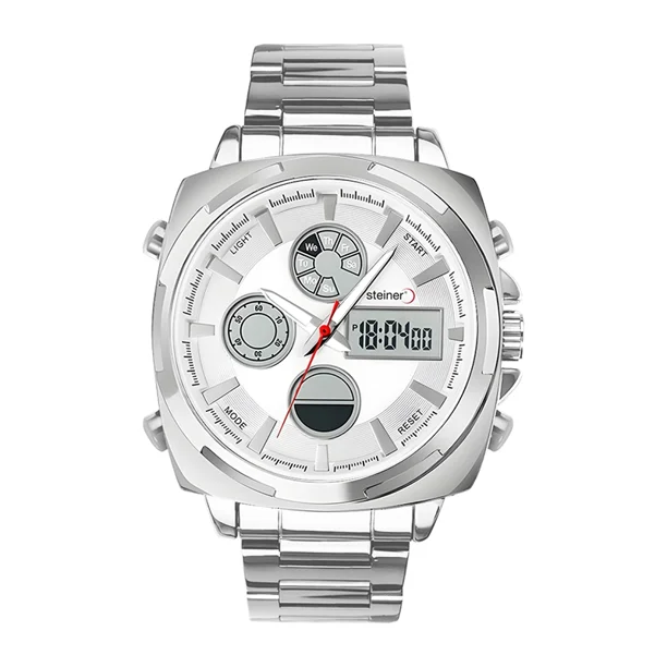 Reloj De Hombre Análogo y Digital Steiner Cuadrado Numeros LED Acero Inoxidable Plateado