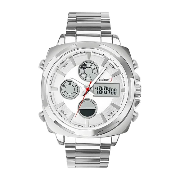 Reloj De Hombre Análogo y Digital Steiner Cuadrado Numeros LED Acero Inoxidable Plateado