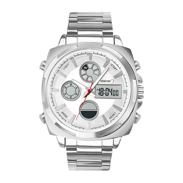 Reloj De Hombre Análogo y Digital Steiner Cuadrado Numeros LED Acero Inoxidable Plateado
