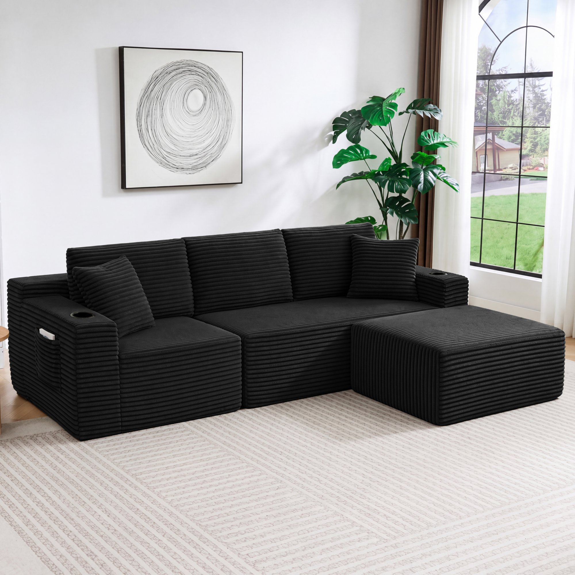 HOQBN L-Shaped Sectional Sofa with Ottoman, Corduroy 3-Seat Couch, Modern Modular Sofa for Living Room Black