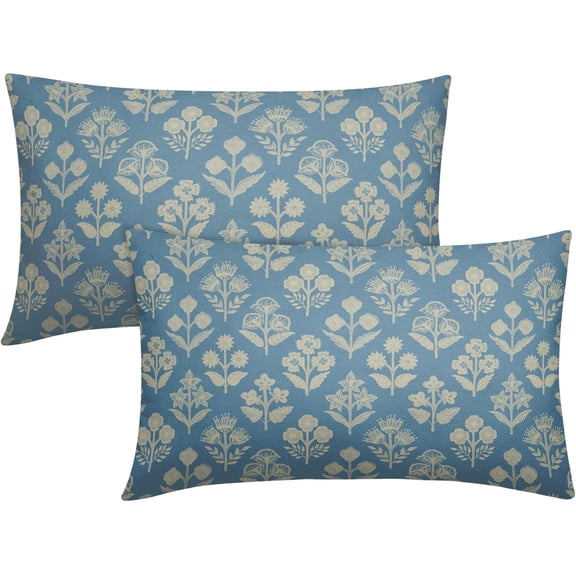 Light Blue Pillow Covers 12x20 Inch Set of 2, Cream Floral Block Print Pattern Lumbar Decorative Throw Pillowcases Outdoor Farmhouse Rectangle Cushion Covers Spring Summer Sofa Couch Bed Decor