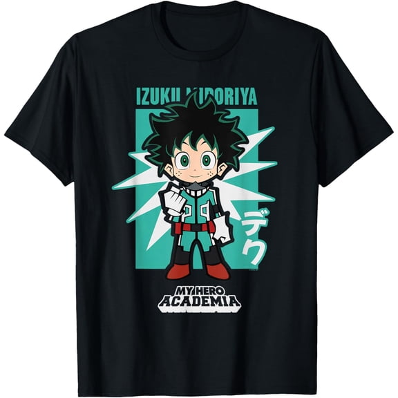 My Hero Academia Chibi Deku Kanji and Starburst Anime T-Shirt Cotton Adult Short Sleeve T-Shirt
