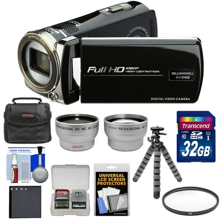 Bell & Howell DV12HDZ 1080p HD Video Camera Camcorder (Black) with 32GB Card + Battery + Case + Flex Tripod + Filter + Tele/Wide Lens Kit