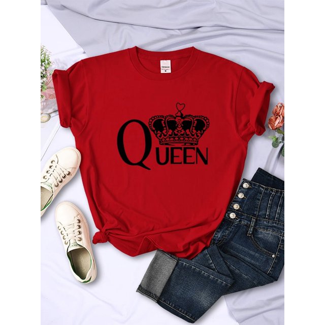 T-shirts pour Femmes Imprimés Grande Couronne de Queen Respirants Manches Courtes d'Été Style Street Hip Hop Col Rond Décontracté Rouge TG
