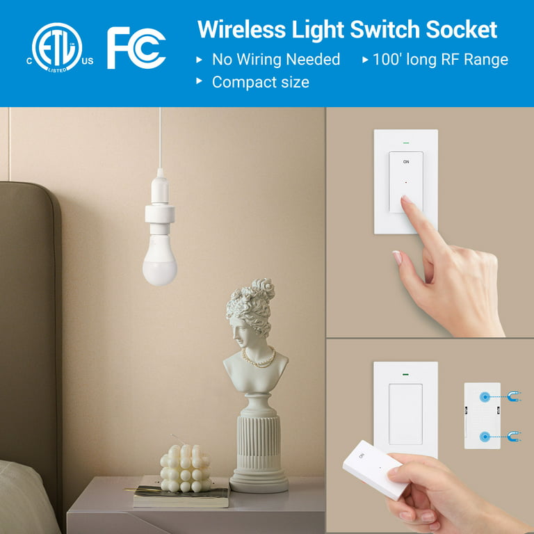 DEWENWILS Remote Control Light Bulb Socket, Wireless Light Switch for Pull  Chain Light Fixture, E26 E27 Bulb Base, No Wiring, ETL Listed(1 Wall