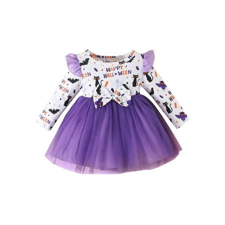 

Kids Baby Girls Halloween Princess Dress Letter Bat Pumpkin Print Layered Tulle Long Sleeve Dress Fall Casual Clothes Dress