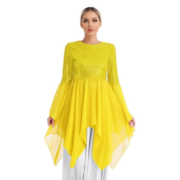 Yartina Womens Sequins Praise Dance Dress Liturgical Worship Dancewear Long Sleeve Dance Tunic Yellow S