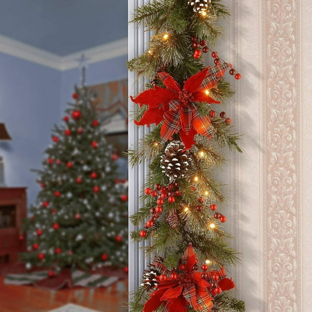 Deeceymbur Guirlande de Noël 71 Po Fleurs Cryptées Rotin Pommeaux de Pin Baies Rouges Lumières LED pour Cheminée Porte Fenêtre Décoration
