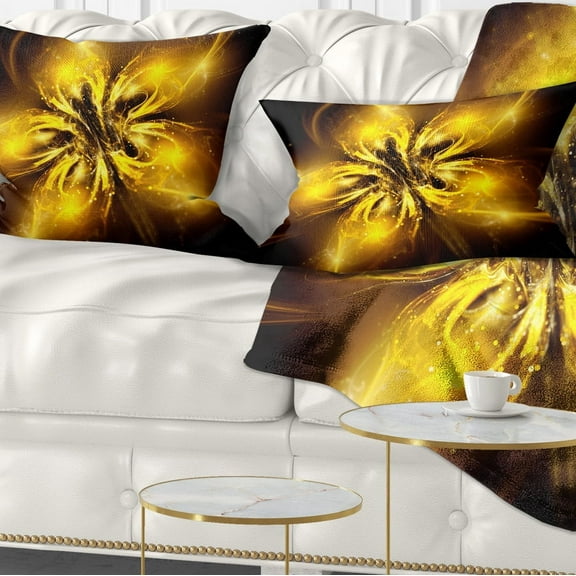 Designart Shiny Gold Fractal Flower on Black - Floral Throw Pillow - 12x20