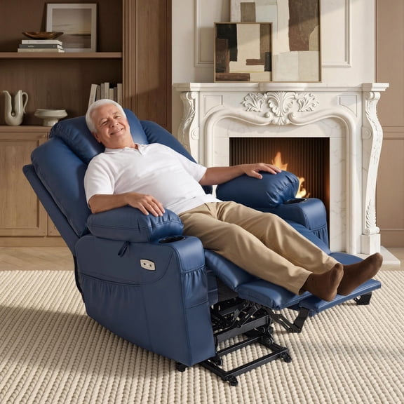 MCombo Large Power Lift Recliner Chair with Massage and Heat for Elderly Big and Tall People, 3 Positions, 2 Side Pockets, and Cup Holders, USB Ports, Faux Leather 7516 Blue