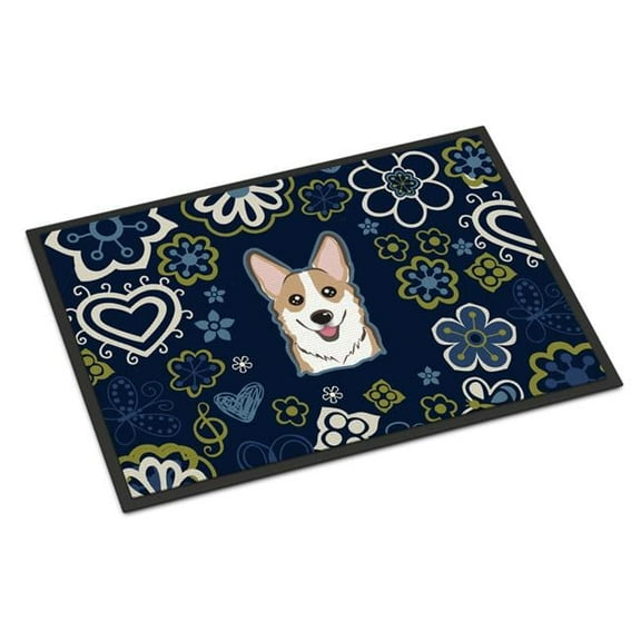 Carolines Treasures BB5104MAT 18 x 27 in. Blue Flowers Sable Corgi Indoor or Outdoor Mat