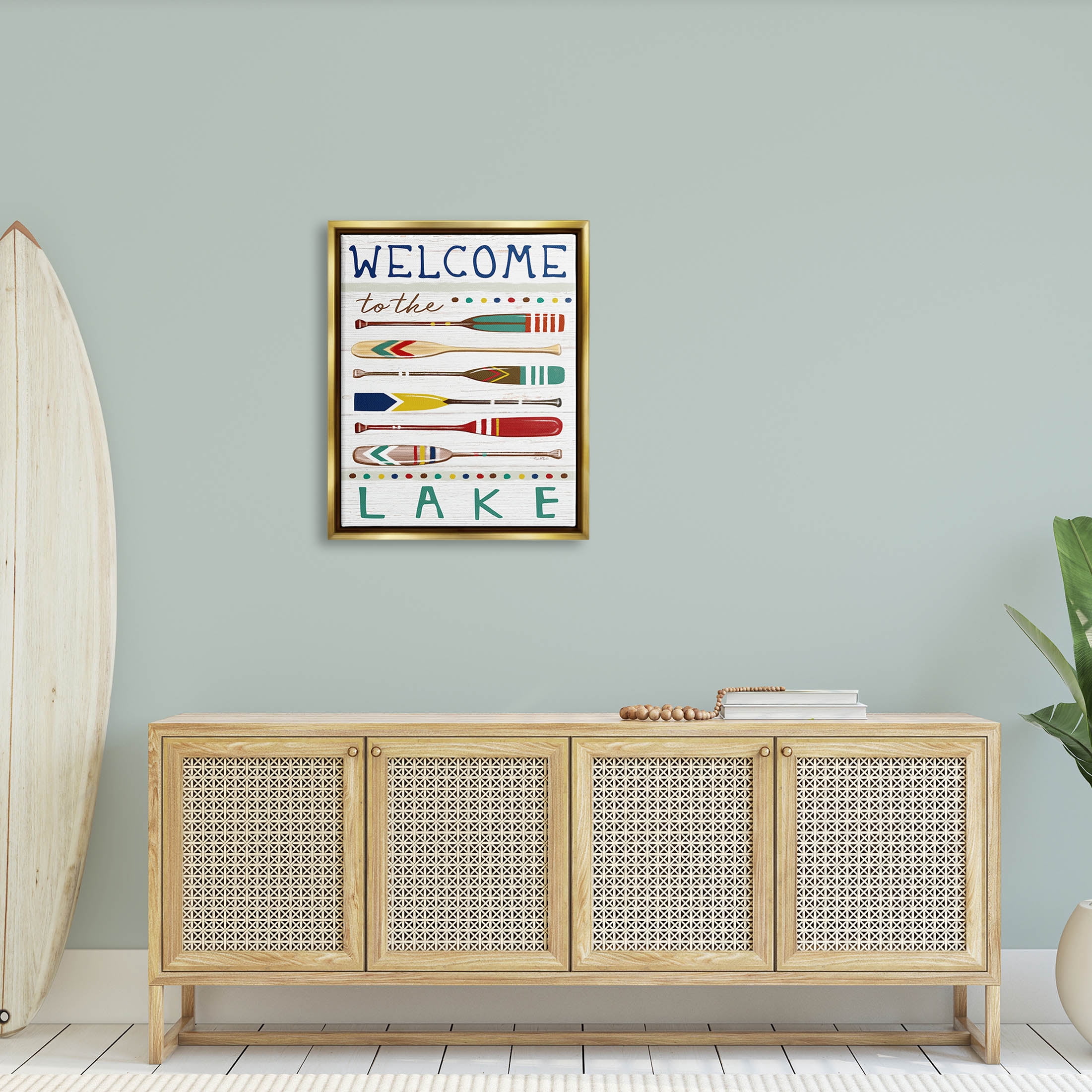 Stupell Industries Lake Welcome Sign Striped Oars Graphic Art Metallic Gold Floating Framed Canvas Print Wall Art, Design by Elizabeth Tyndall