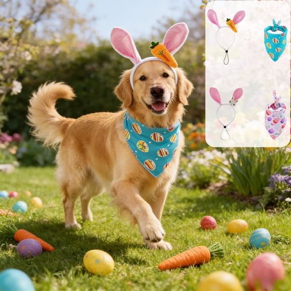 Yhmxh Easter Dog Costumes Cute Bunny Ears Headband Reversible Eggs Puppy Bandana Bowtie Pink Easter Outfits for Small Medium Large Dogs Funny Carrot Bunny Birthday Party Accessories