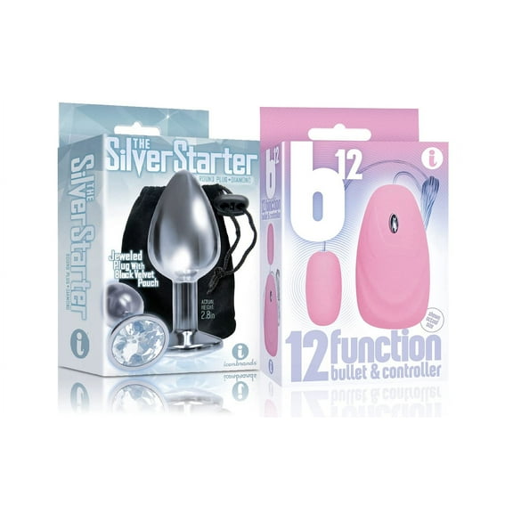 Sexy Gift Set of The Silver Starter, Bejeweled Stainless Steel Plug, Diamond and Icon Brands B12 Bullet, Pink