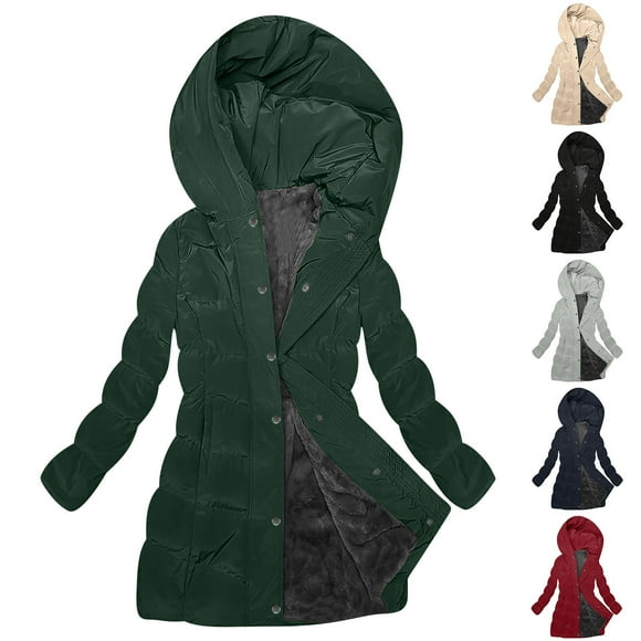 JURANMO Womens Solid Color Slim Down Jacket Fleece Lined Warm Hood Winter Coat with Pockets Lightning Deals Navy M