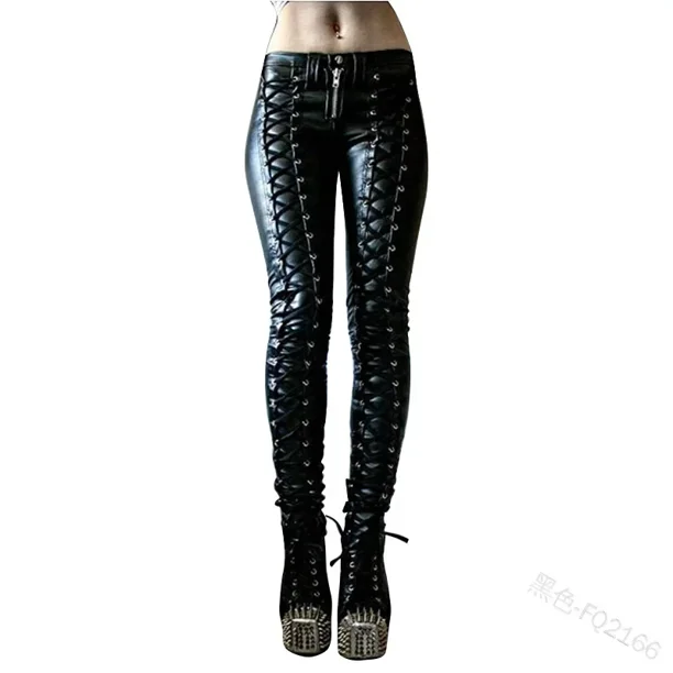 Disfraz de Steampunk para mujer, pantalones de pirata renacentistas medievales Retro, pantalones de lápiz con remaches de cuero y cordones, pantalones ajustados, ropa de calle