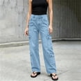 thumbnail image 4 of LEAVINGSUO Straight Leg Cargo Jeans Trousers for Women Fashion High Waisted Pockets Solid Color Button Zipper Casual Denim Pants Blue XXL, 4 of 7
