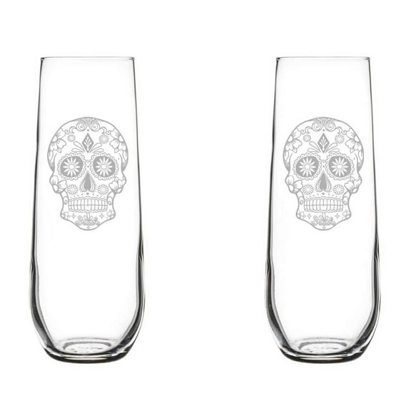 Set of 2 Glass Champagne Flutes Sparkling Wine Glasses Sugar Candy Skull (8.5 oz Stemless)