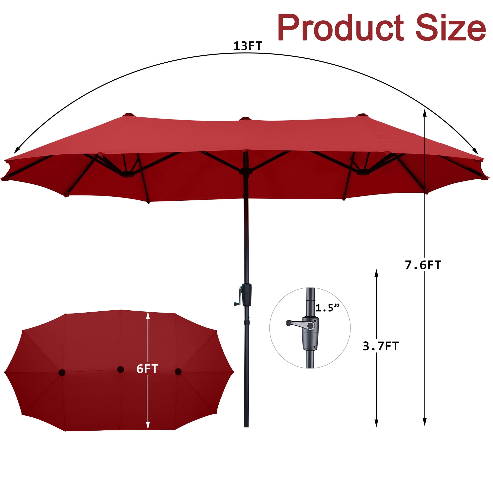 Autlaycil 13ft Rectangle Patio Umbrella with Crank System, Sturdy Ribs for Pool, Yard, Market - Red