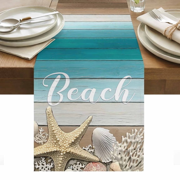 Starfish Table Runner - 70 Inch Long, Kitchen Dining Table Runner Dresser Scarves, Coastal Coral Ocean Turquoise Brown Wooden Farmhouse Decor for Coffee Tables Wedding Party Banquet
