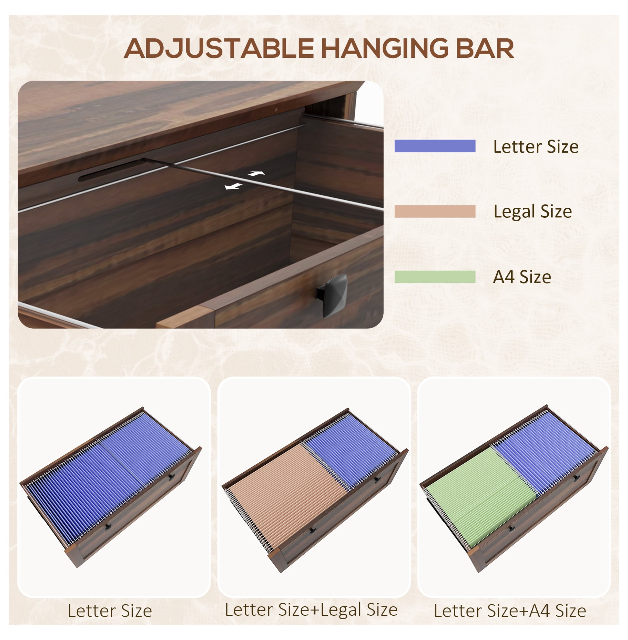 2 Drawer File Cabinet with Lock, Lateral Filing Cabinet with Keys and Adjustable Hanging Bar for Letter, A4 and Legal Size, File Cabinet for Home Office, Brown Brown + Particle Board