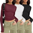 thumbnail image 2 of YDFCWXW 3 Pack Womens Long Sleeve Shirts Basic Tees Y2k Slim Fit T Shirt Crew Neck Trendy Casual Crop Top Wine, M, 2 of 7