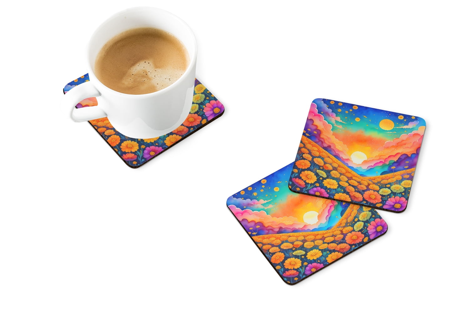 Colorful Marigolds Foam Coaster Set of 4 3.5 in x 3.5 in